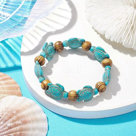 Beach Turtle Dyed Synthetic Turquoise Stretch Bracelets BJEW-JB10291-02-1