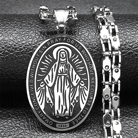 Religion 201 Stainless Steel Enamel Black Oval with Virgin Mary Pendant Necklaces NJEW-C104-02B-1