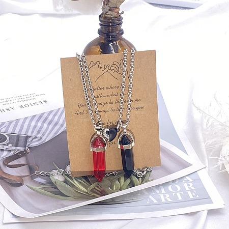 2Pcs Glass Double Faceted Pointed Bullet Pendant Couple Necklaces with Heart Magnetic Clasps FS-WG058EE-06-1