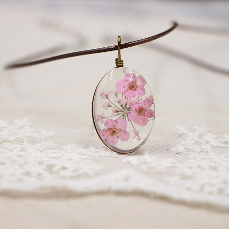 Alloy Wire Wrapped Oval Glass Inner Dried Flower Pendant Waxed Cord Necklaces for Women FS-WG6B63C-09-1