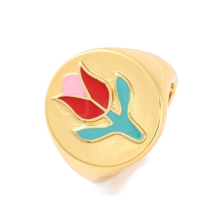 Round with Tulip Brass Enamel Open Cuff Rings RJEW-U009-05B-G-1