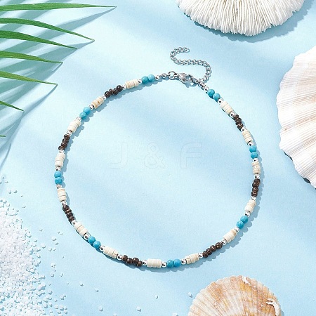Summer Beach Synthetic Turquoise & Natural Coconut Round Heishi Beaded Necklaces NJEW-JN05211-1