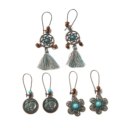 3 Pairs 3 Style Woven Net & Flower Alloy Dangle Earrings Set EJEW-G330-05R-1