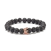 Natural Lava Rock Round Beaded Stretch Bracelet with Clear Cubic Zirconia Crown BJEW-JB07797-04-1
