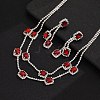 Rectangle Brass Rhinestone Double Layer Chain Necklace & Stud Dangle Earring Sets FS-WG7C731-02-2