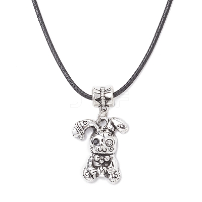 Alloy with Black Glass Rabbit Pendant Waxed Cord Necklaces for Women NJEW-JN05540-1