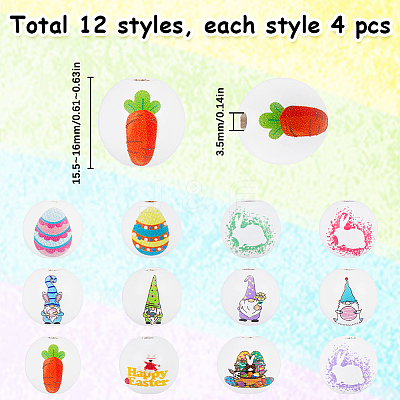 48Pcs 12 Styles Easter Theme Printed Wooden Beads WOOD-SC0001-61-1