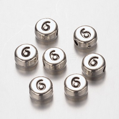Flat Round Antique Silver Tone Alloy Number Beads PALLOY-K194-06AS-1