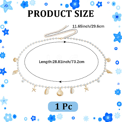 Natural Shell  and Iron Starfish Tassel Imitation Pearl Link Chain Waist Chains for Women AJEW-CP0011-35B-1