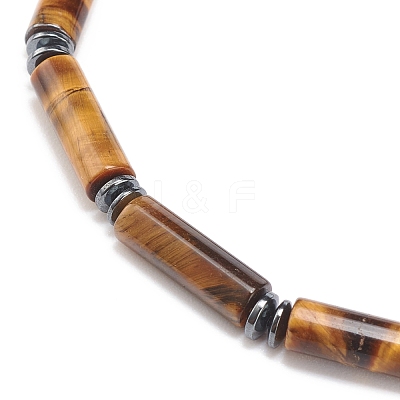 Natural Tiger Eye Column & Synthetic Hematite Stretch Bracelet BJEW-JB08458-01-1