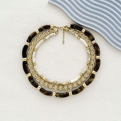Resin Curved Tube & Plastic & Alloy Twisted Chain 3 Layer Necklaces NJEW-Q038-02G-1