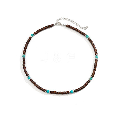Round Synthetic Turquoise & Wood Heishi Beaded Necklaces for Men FS-WG6A9BE-01-1