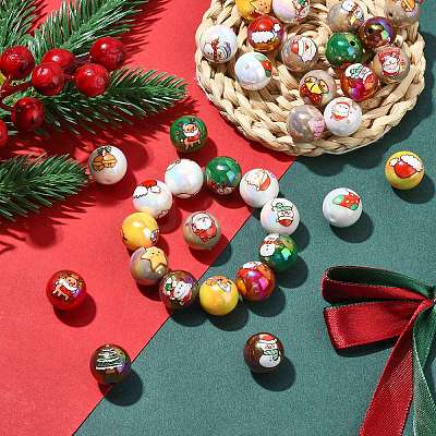 50Pcs Christmas Theme Printed Opaque Acrylic Beads OACR-CJ0002-20-1