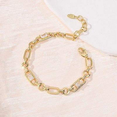 Ring & Paperclip Brass Micro Pave Cubic Zirconia Link Chain Bracelets for Women BJEW-D458-04G-02-1