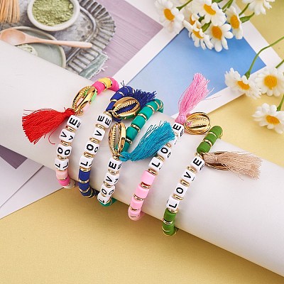 5Pcs 5 Colors Word Love Beads Stretch Bracelets Set for Girl Women BJEW-SZ0001-97-1