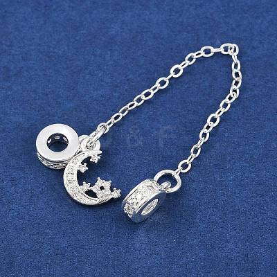 Brass Pave Clear Cubic Zirconia European Safety Chains with Charms KK-L236-16D-S-1