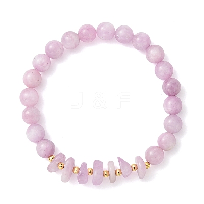 Natural Kunzite & Brass Stretch Beaded Bracelets for Women BJEW-JB14003-1