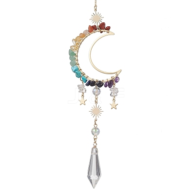 Wire Wrapped Chakra Natural & Synthetic Gemstone Chip Moon Hanging Ornaments HJEW-JM02129-1