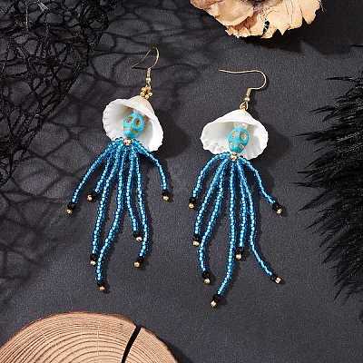 3 Pairs 304 Stainless Steel Dyed Synthetic Turquoise & Natural Black Onyx & Glass Seed Beaded Dangle Earrings EJEW-MZ00530-1