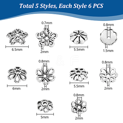 30Pcs 5 Styles 925 Sterling Silver Tibetan Style Beads Caps STER-PH0001-75-1