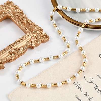 Ion Plating(IP) 304 Stainless Steel & Plastic Pearl Beaded Necklaces for Women NJEW-M078-10G-1