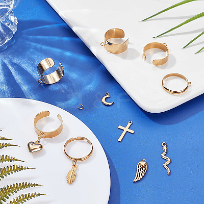 DIY Heart & Leaf & Moon Stainless Steel Charms Cuff Ring Making Kit DIY-SC0026-11G-1