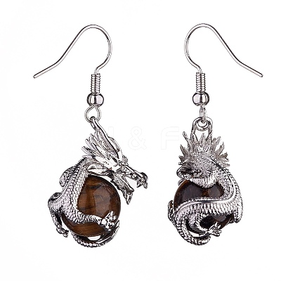 Natural Tiger Eye Dragon Dangle Earrings EJEW-A092-06P-02-1