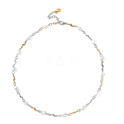 Nuggets Shell Pearl Beads & 304 Stainless Steel Wave Link Chain Necklaces NJEW-JN06364-1