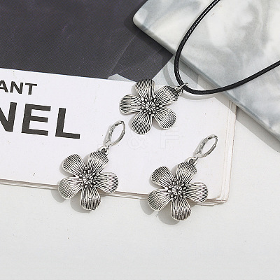 Flower Alloy with Imitation Leather Cord Pendant Necklace & Hoop Earring Sets FS-WGDD3CA-01-1