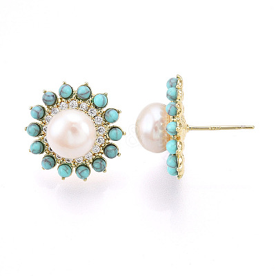 Flower Brass Natural Pearl Stud Earrings PEAR-N020-05Y-1
