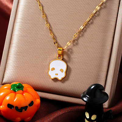 304 Stainless Steel Enamel Halloween Skull Pendant Dapped Chain Necklaces VT5751-1