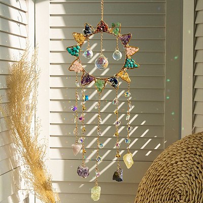 Sun Natural & Synthetic Mixed Stone Chips Hanging Suncatchers HJEW-F027-03-1