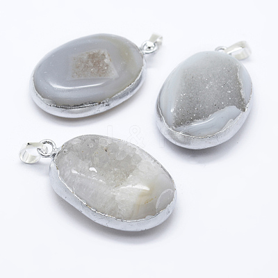 Oval Brass Natural Crystal Agate Pendants G-A136-B09S-1