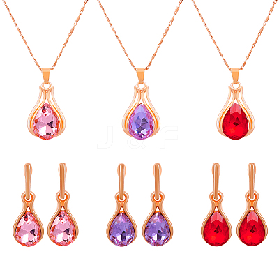 3 Colors Rhinestone Teardrop Dangle Stud Earrings & Pendant Necklace SJEW-HY0001-23-1