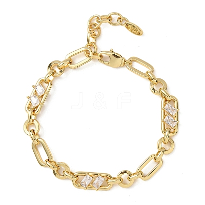 Ring & Paperclip Brass Micro Pave Cubic Zirconia Link Chain Bracelets for Women BJEW-D458-03G-02-1