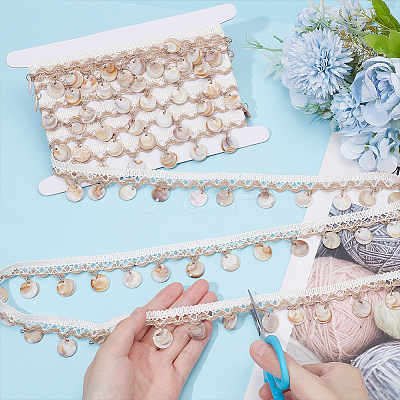 4 Yards Cotton Thread & Linen & Shell Beaded Trim Ribbon OCOR-DR0001-24A-1