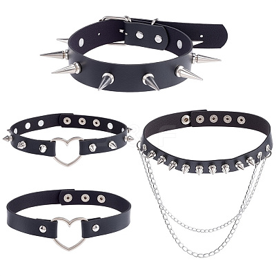 4Pcs 4 Styles Gothic Style Spiked Rivet Imitation Leather Chocker Necklaces NJEW-CL0001-19-1