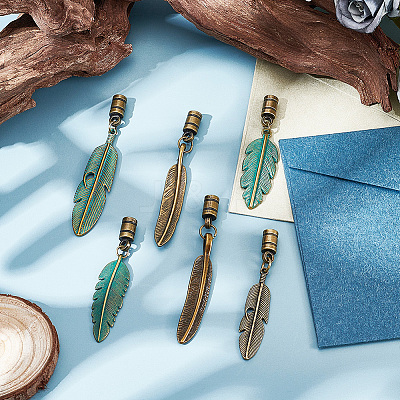 6Pcs 6 Colors Alloy Cord Ends with Feather Charms FIND-GF0009-05-1