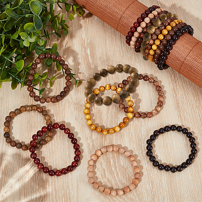 16Pcs 8 Styles Natural Sandalwood Round Beaded Stretch Bracelet for Men Women BJEW-GO0001-36-1