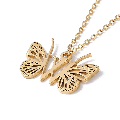 Initial Letter with Butterfly Pendant Necklace NJEW-C026-01G-W-1
