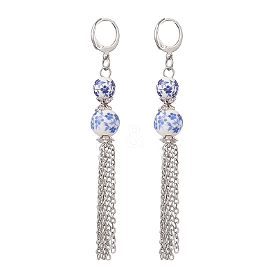 Handmade Flower Printed Porcelain Ceramic Beads Leverback Earrings EJEW-JE06893-1
