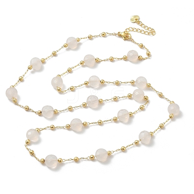 Natural White Agate Faceted Flat Round Beaded Chain Necklaces with Matte Brass Beads GG-CBA37F5-01G-02-1