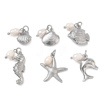Ocean Sea Animals 304 Stainless Steel & Natural Freshwater Pearl Pendants PALLOY-JF06025-1