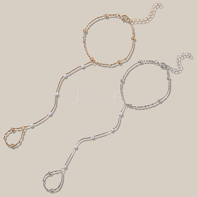 2Pcs 2 Colors Alloy Satellite Chains Finger Ring Bracelets for Women BJEW-CY0001-09-1