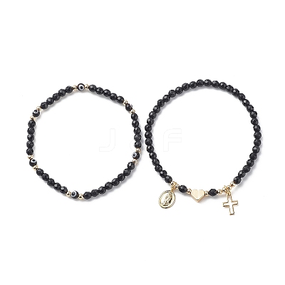 2Pcs 2 Style Natural Gemstone & Lampwork Evil Eye Beaded Stretch Bracelets Set BJEW-JB09030-1