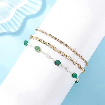 Dyed Natural Agate Nuggets & 304 Stainless Steel Link Chain 3 Layer Anklets for Women AJEW-AN00743-01-1
