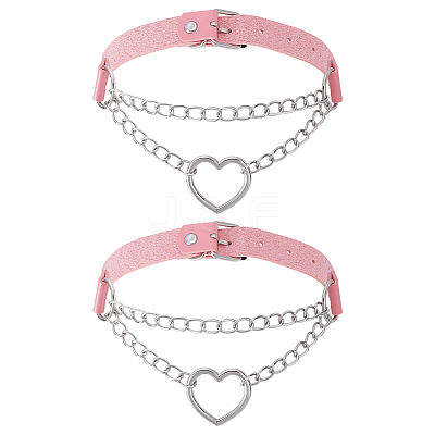 2Pcs Alloy Heart Link PU Leather Punk Choker Necklaces for Women NJEW-UN0001-70B-1