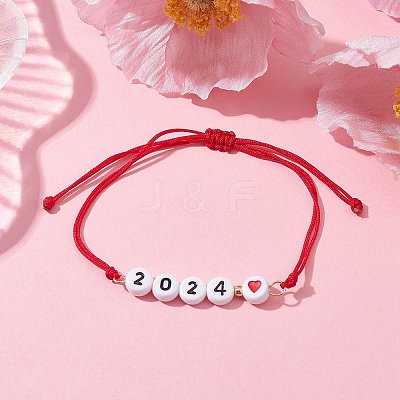 2Pcs 2 Color Heart with Word 2024 Acrylic Braided Bead Bracelets Set BJEW-JB09780-1