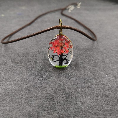 Alloy Wire Wrapped Oval Glass Inner Dried Flower Tree Pendant Waxed Cord Necklaces for Women FS-WG6B63C-13-1