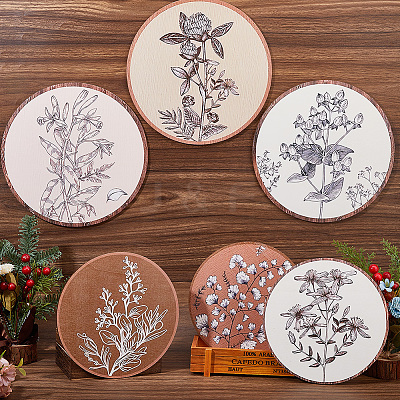 6Pcs Bohemian Theme Wooden Flat Eound with Flower Wall-mounted DIY-WH0899-480-1